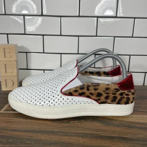 Johnston Murphy Elaina Womens Sz Shoes White Leather Faux Leopard Fur  Loafer